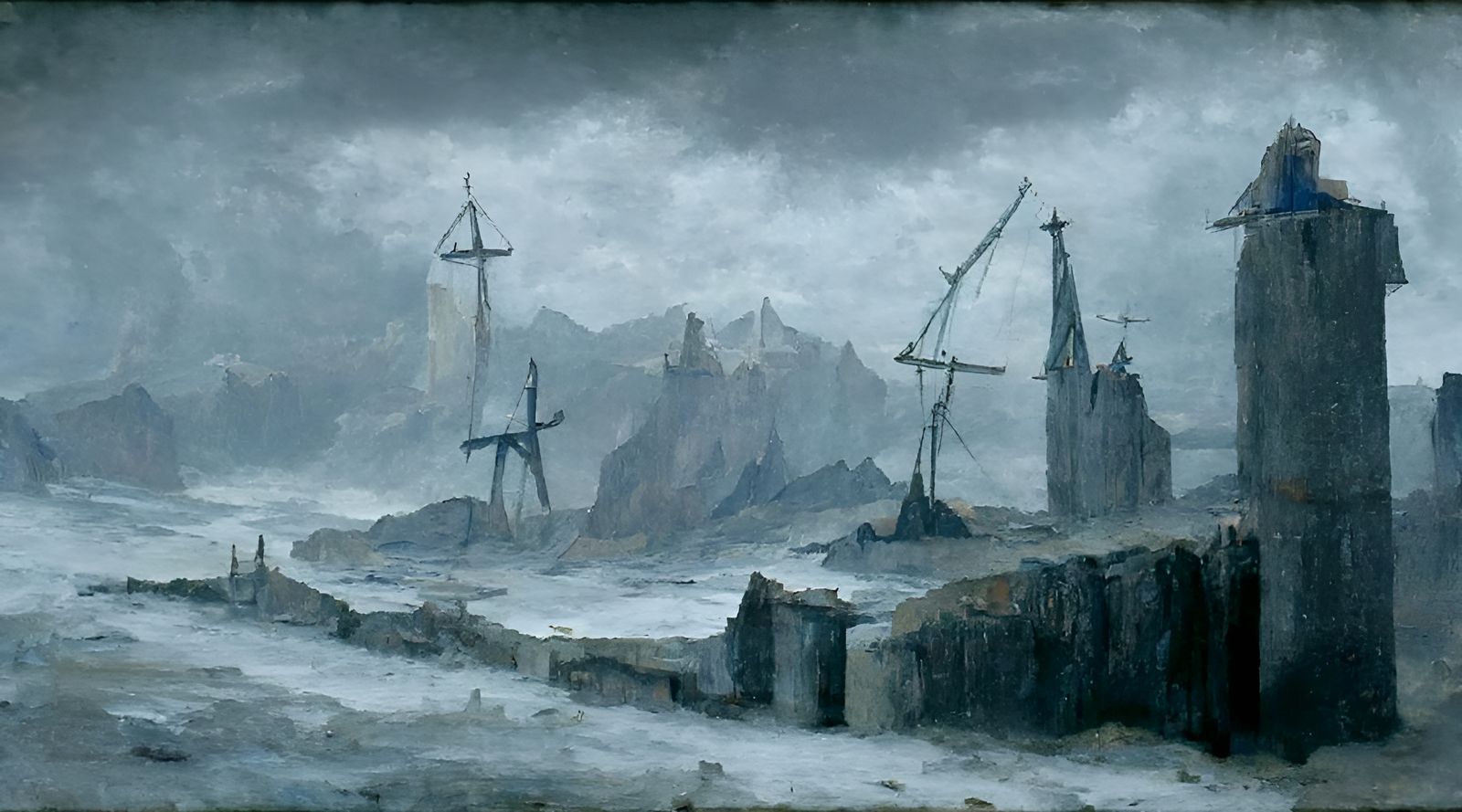 Stormy Medieval Port Scene in Oil Painting Style