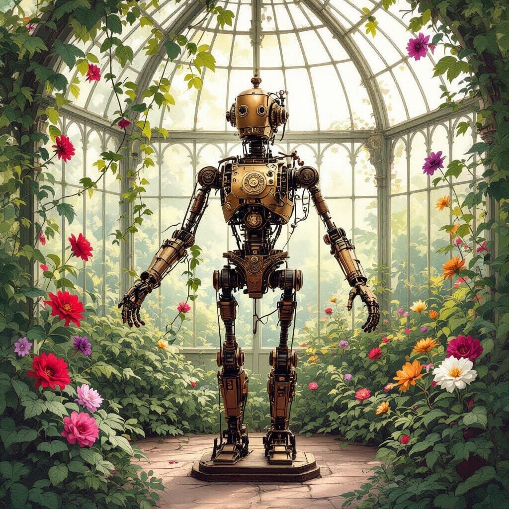 Clockwork Automaton in Lush Victorian Greenhouse