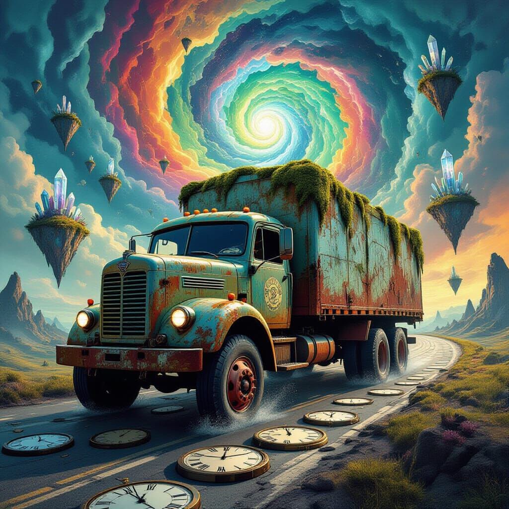 Ancient Truck in Surreal Dreamscape with Melting Clocks