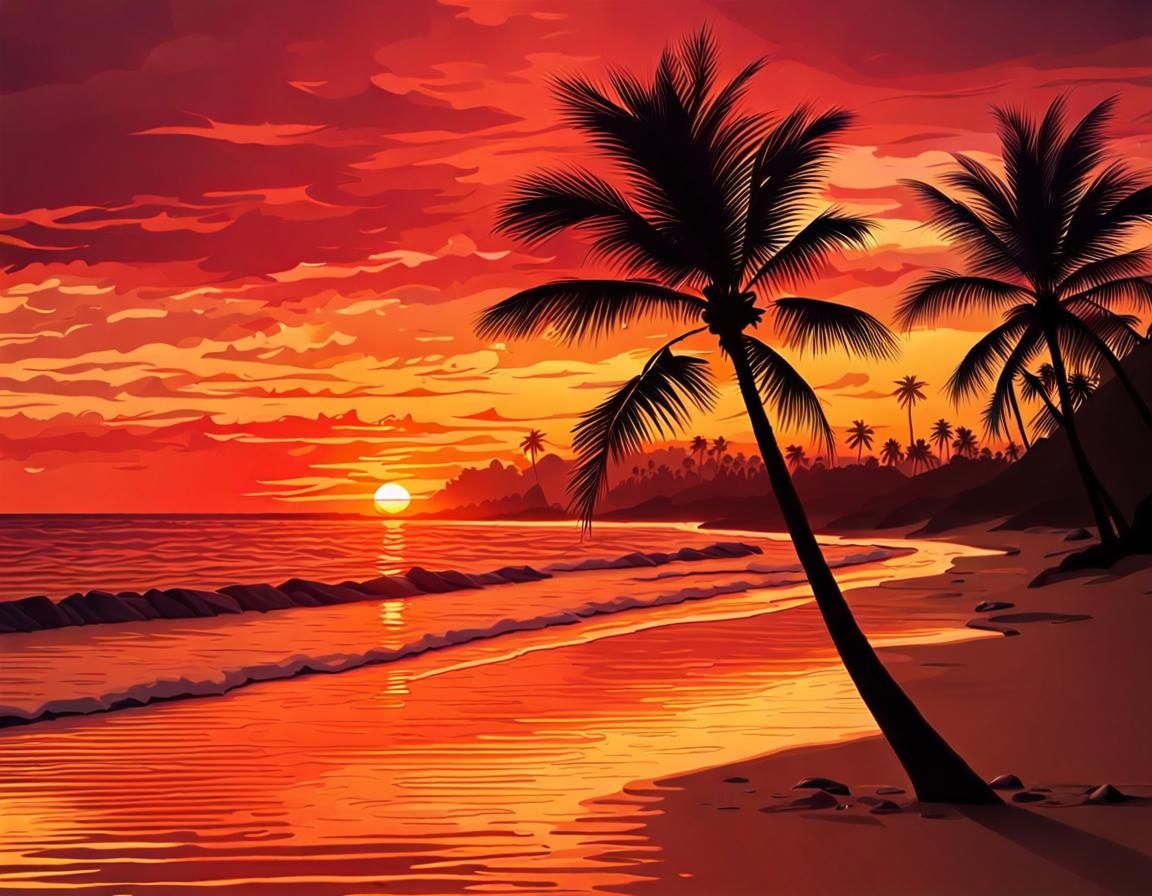 Vivid Beach Sunset with Palm Silhouettes