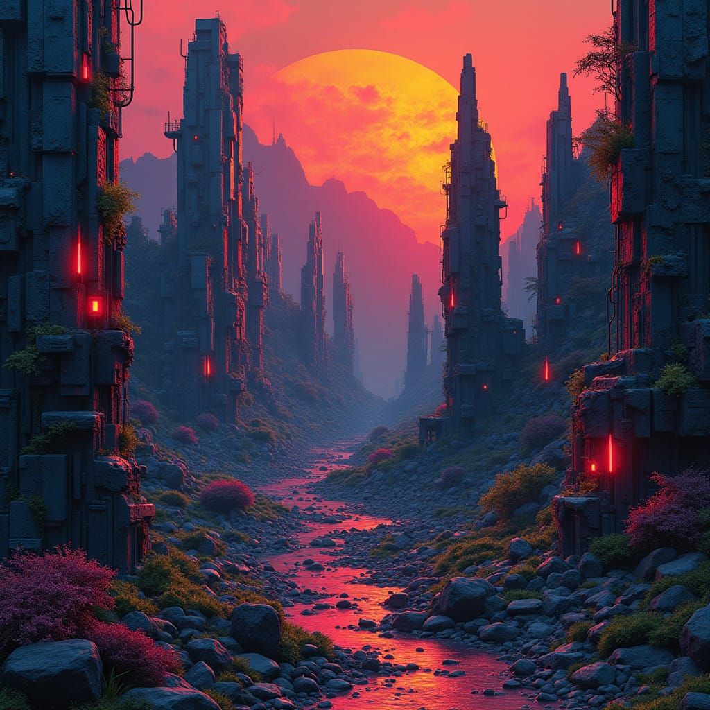 Dark Futuristic Abstraction in Neon and Metallic Hues