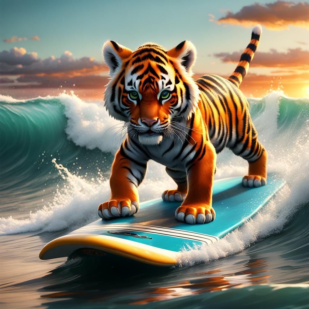 Tiger Cub Surfing at Sunset: Photorealistic Art