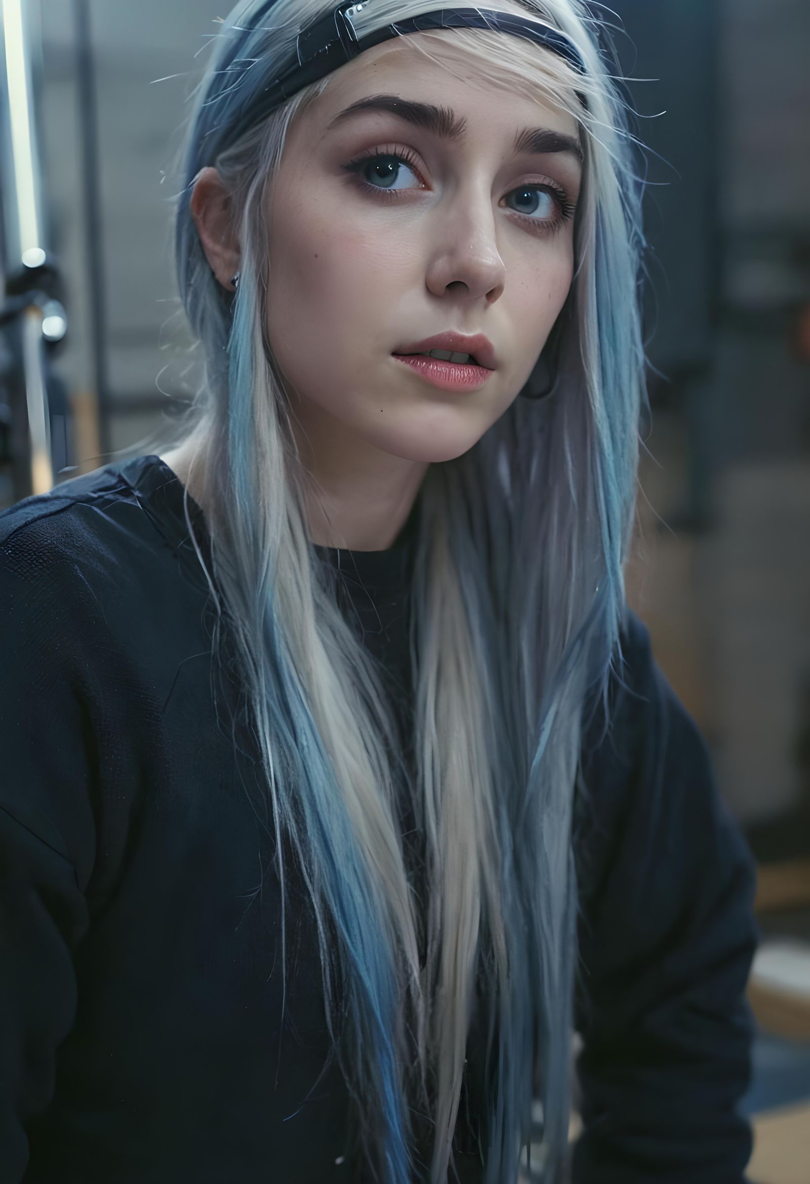 Climber with Blue Hair in Gym: Cinematic Still