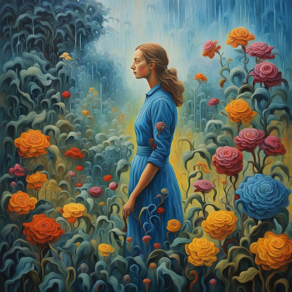 Surrealist Garden Scene with Woman, Oil on Canvas