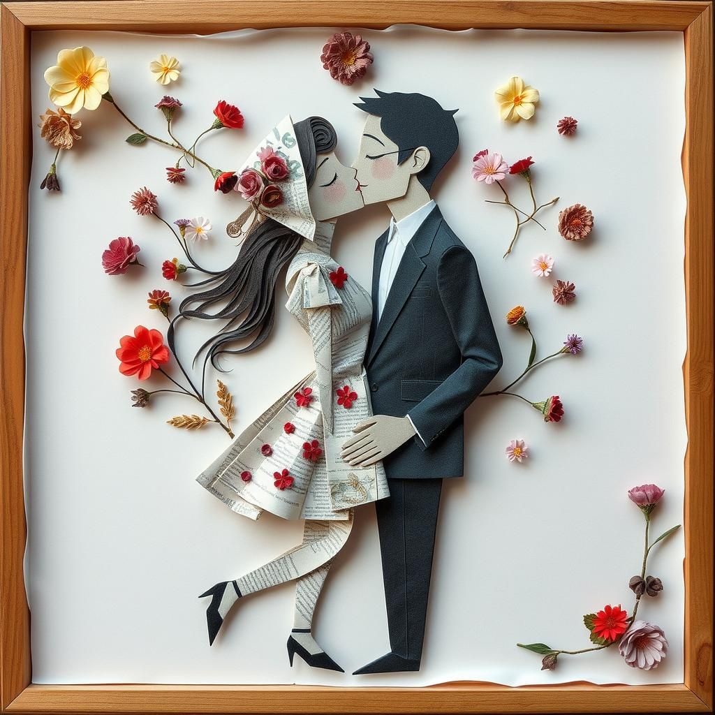 Mixed Media Kissing Couple with Origami and Flowers