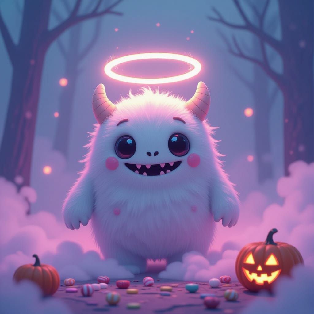 Whimsical Pastel Monster with Halo in Mystical Fog