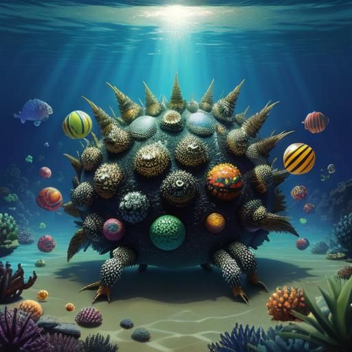 Tarantula Ankylosaurus with Rainbow Spheres Underwater