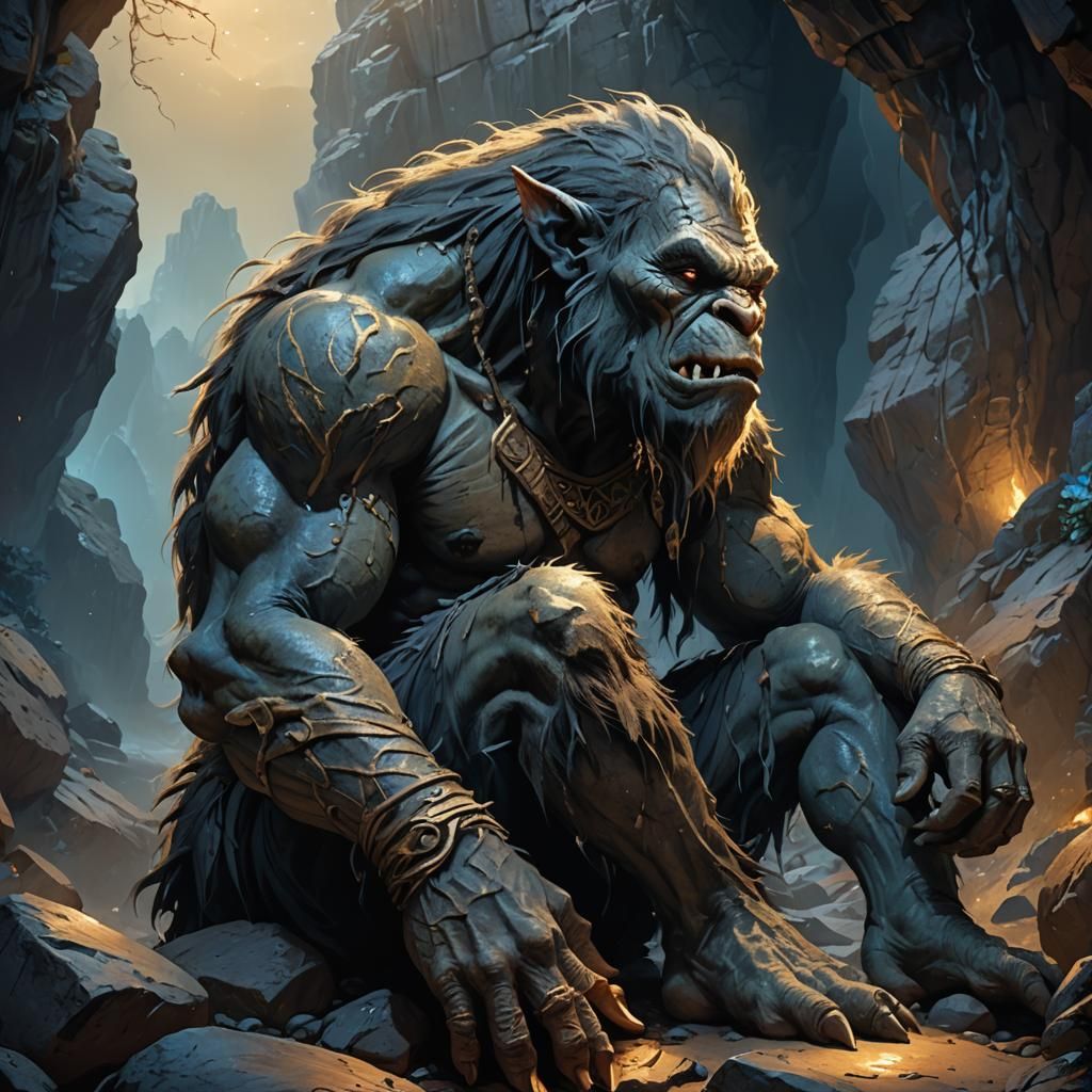 Crying Cave Troll in Dark Fantasy Style
