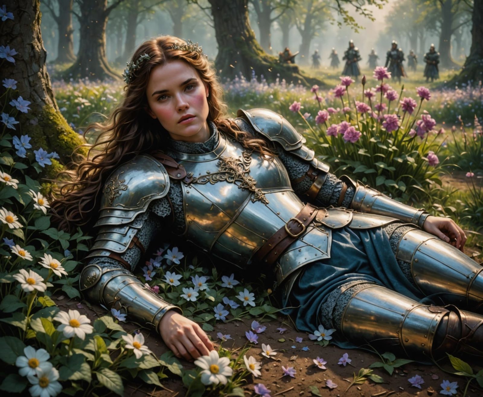Ethereal Knight in Floral Landscape, Hyperdetailed Fantasy