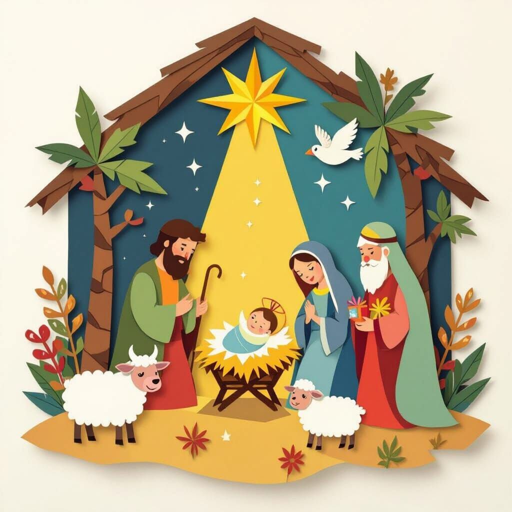 Vibrant Folk Art Nativity Scene Paper Collage