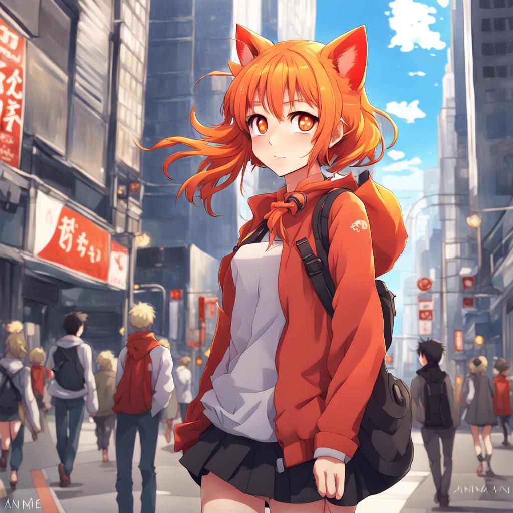 Anime Fire Cat Girl in Cityscape