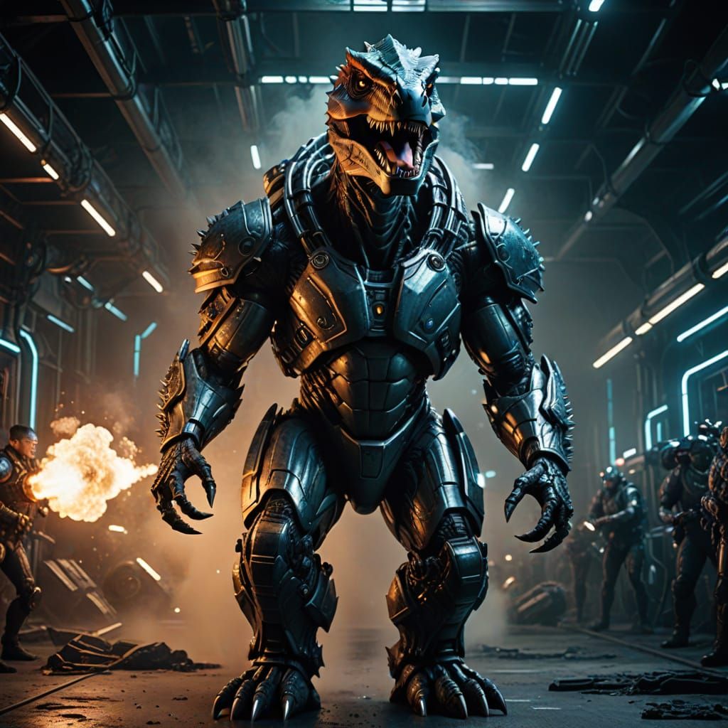 Futuristic Armored Dinosaur-Man with Omega Cannon