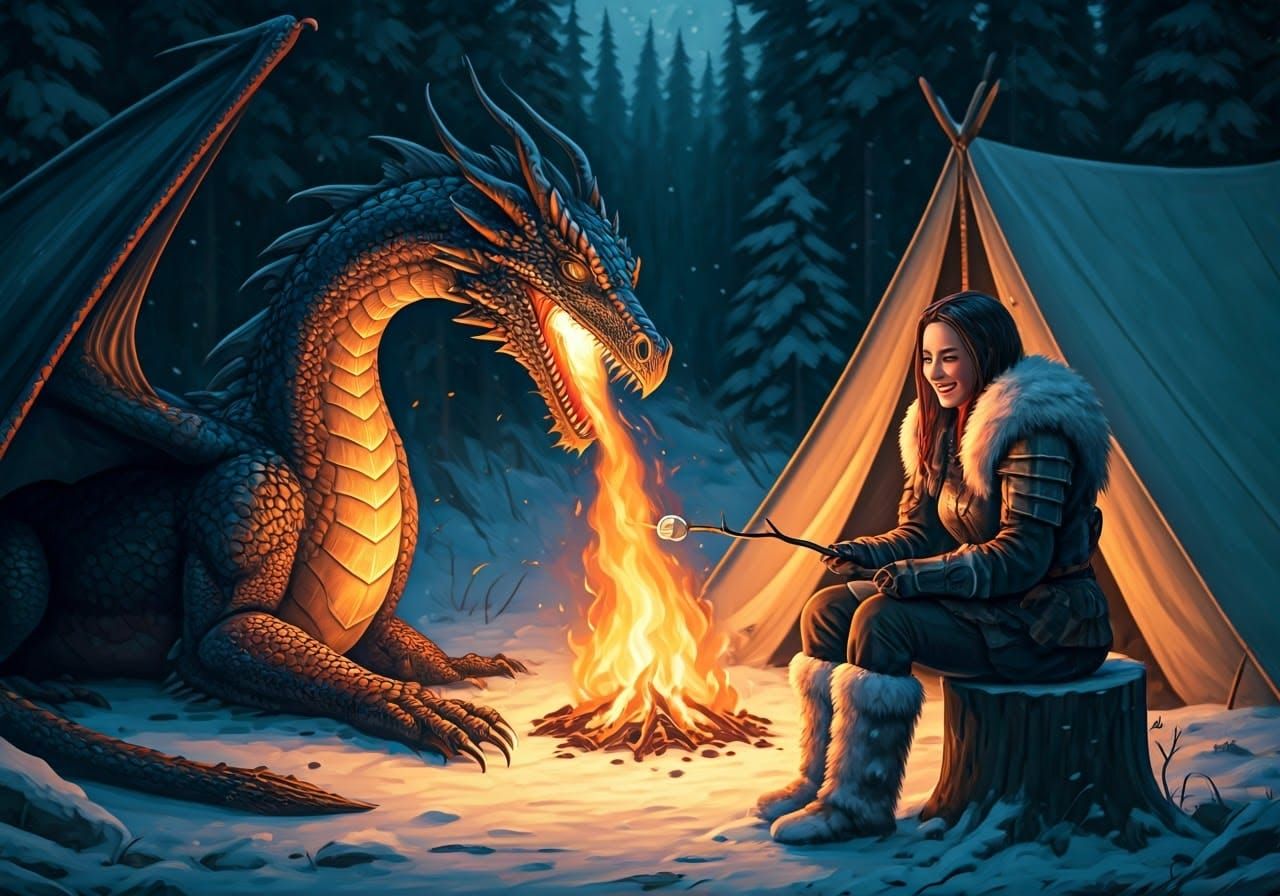 Winter Warrior Enjoys Marshmallow in Medieval Campsite Scene