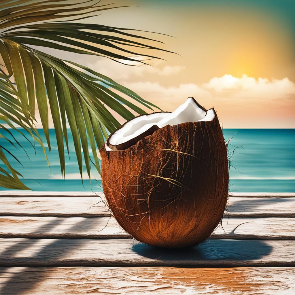 Coconut at a Beach Table in Abstract Art Style