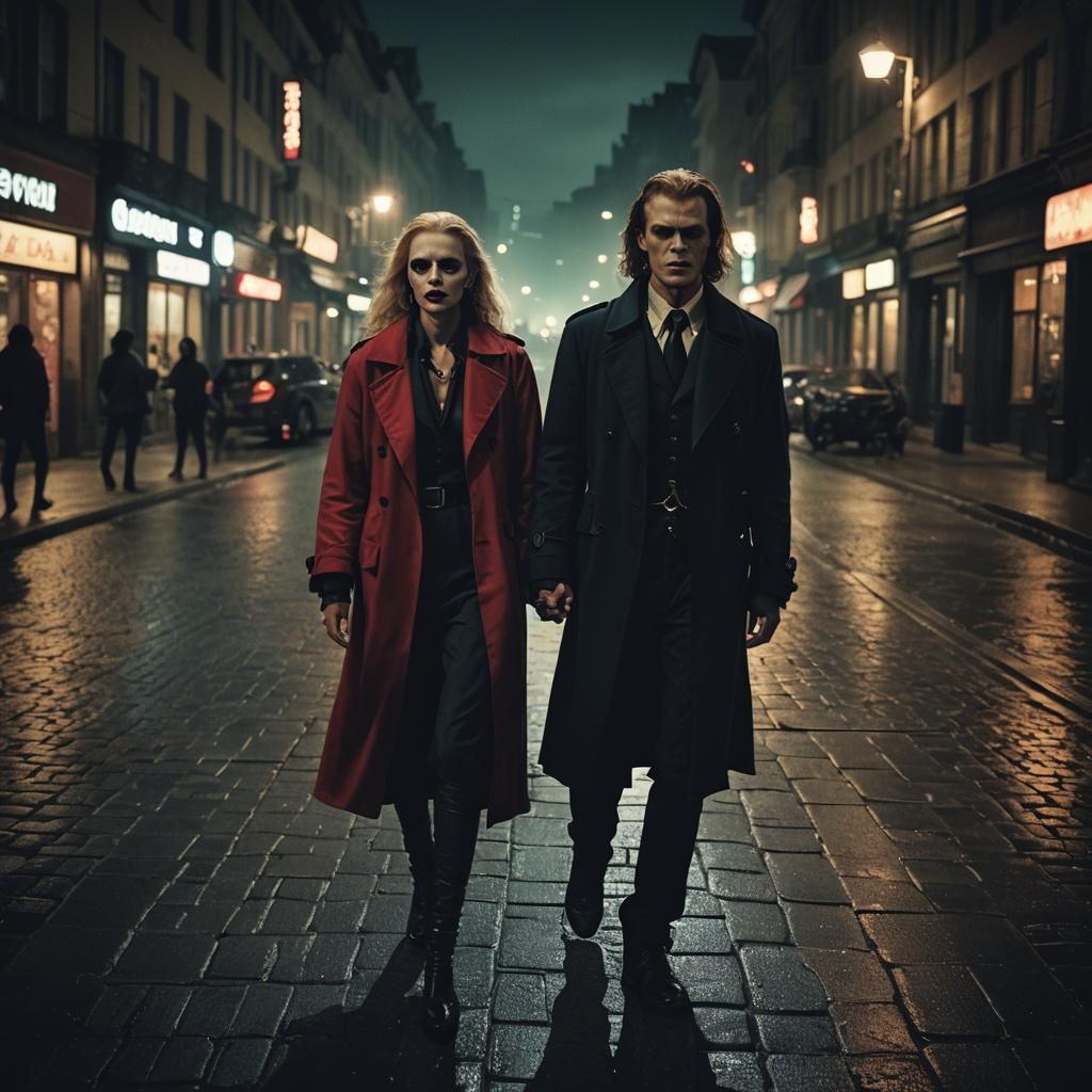 Cinematic Vampire Couple in City at Night