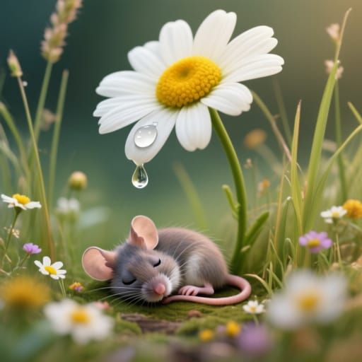 Tiny Mouse Napping Beneath a Dewy Daisy