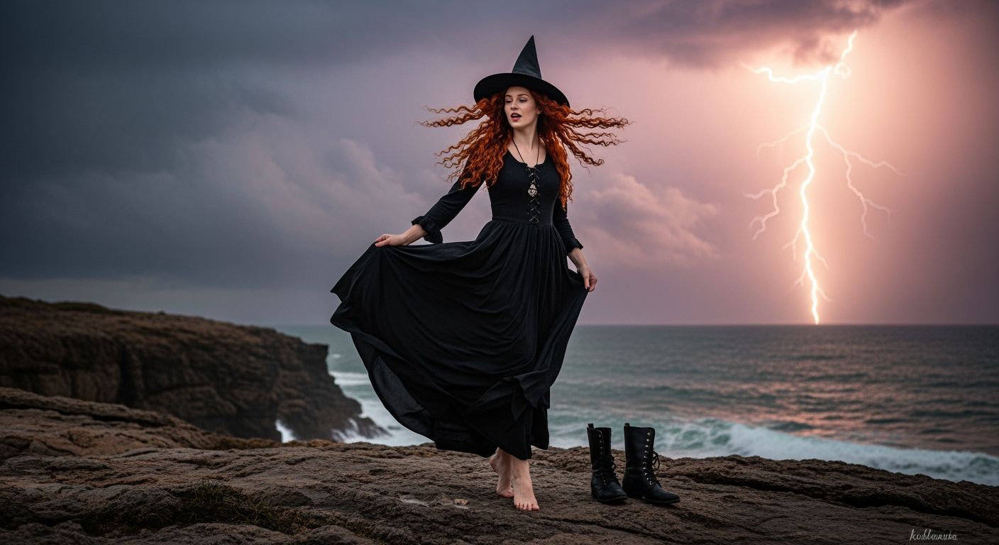 Witch Conjures Storm on Cliff Overlooking Ocean