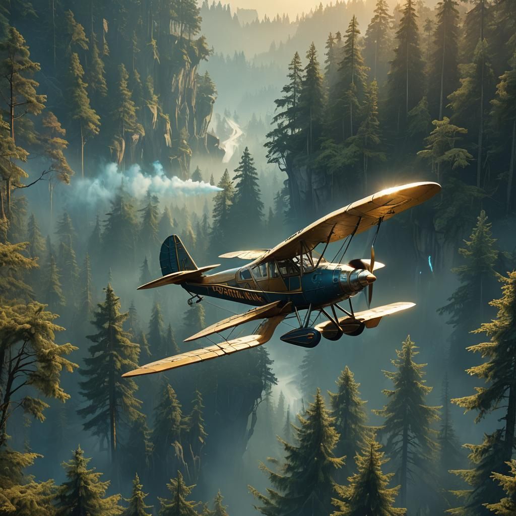 Man Flies Bird Plane Over Mystical Forest