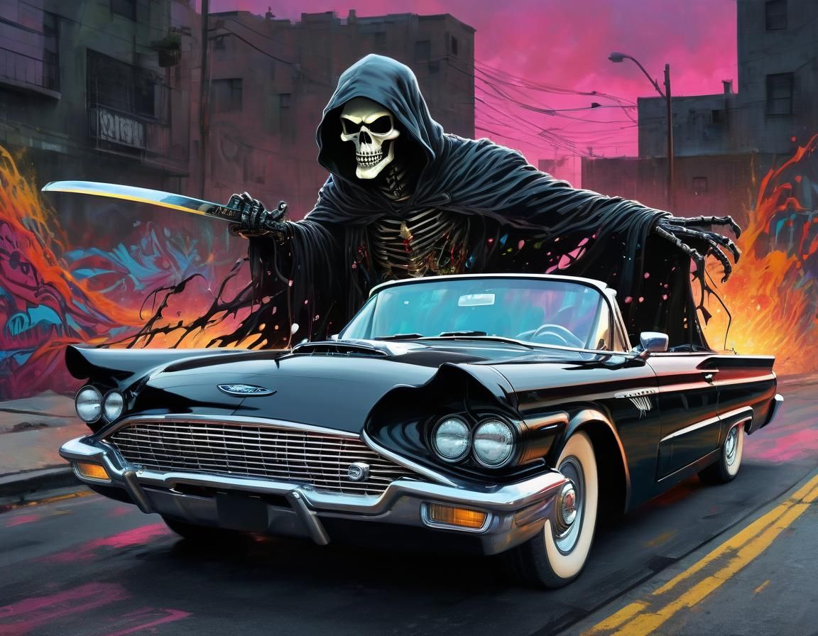Grim Reaper Rides a Lonely Road in Graffiti Art