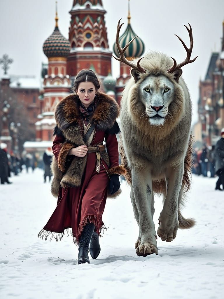 Wintry Red Square: Woman and Runed Lion