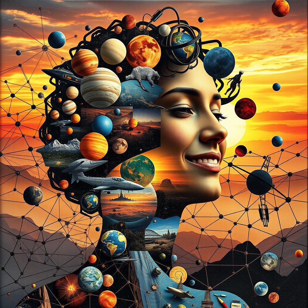 Lady Cosmos and Dancing Planets in Digital Collage