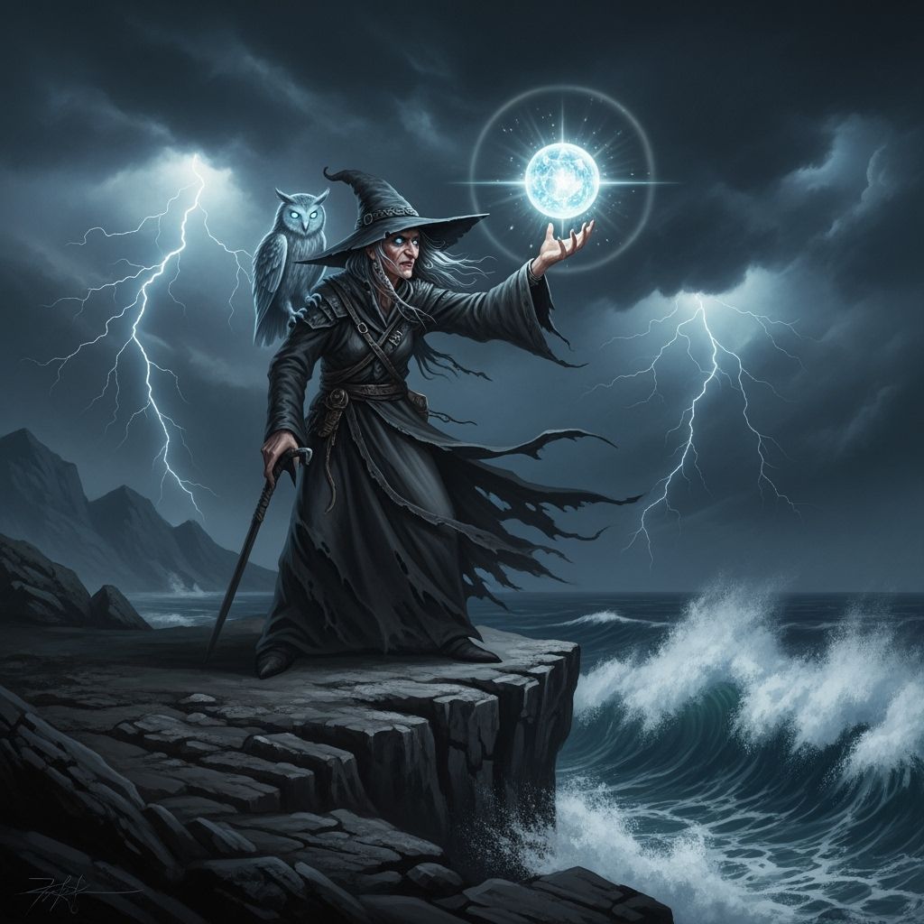 Witch on Cliff Overlooking Stormy Sea with Glowing Orb