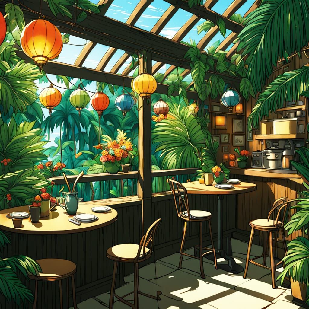 Tropical Café in Vibrant Anime Style