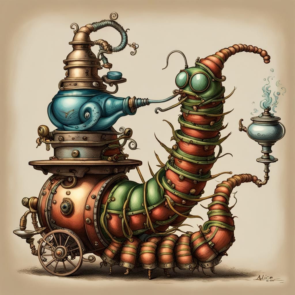 Steampunk Caterpillar with Hookah in Tenniel Style