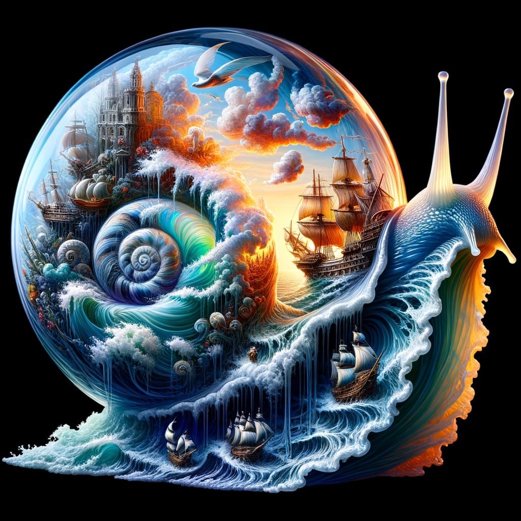 Glass Snail Sculpture with Turbulent Ocean Scene