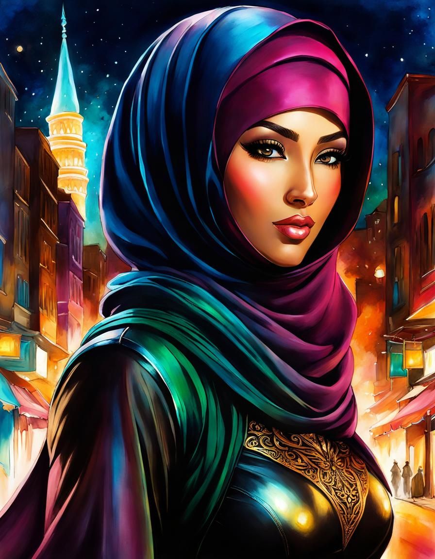 Glowing Hijabi Woman Fighter in Alcohol Ink Style