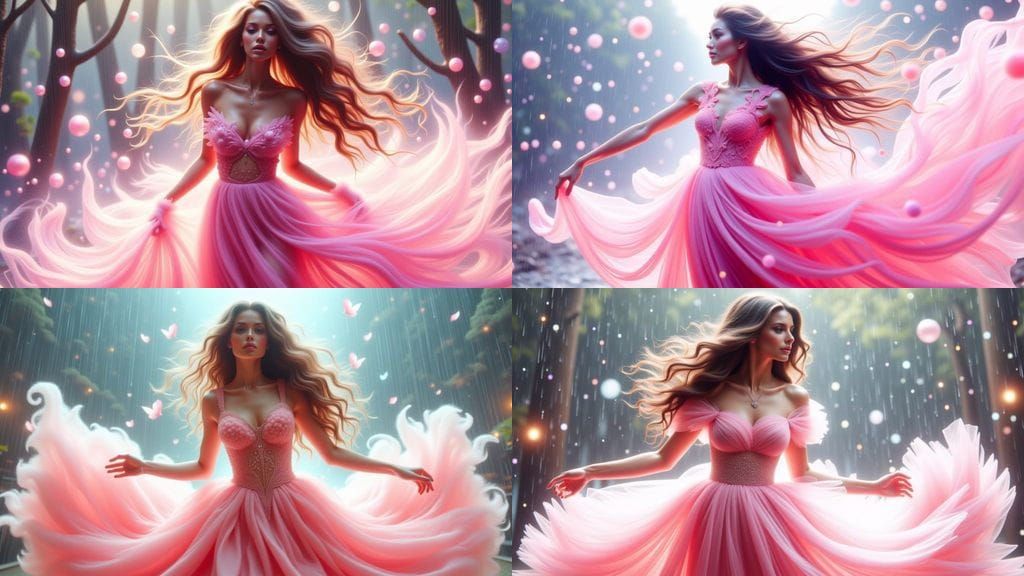 Whimsical Woman Dancing in the Rain with Lovely Flowing Hair