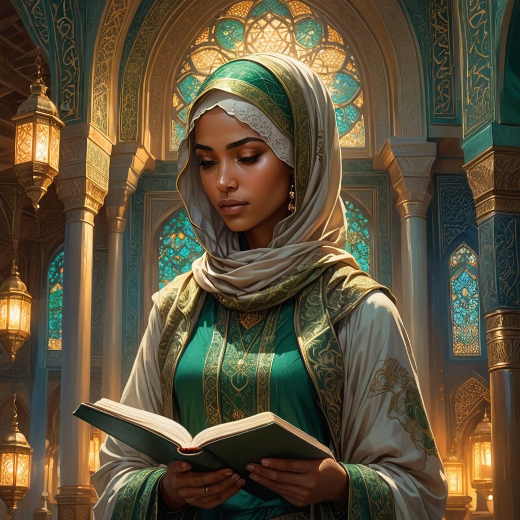 Muslim Girl Reading Quran in Mosque: Concept Art