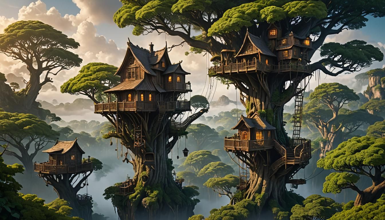 Fantastical Treehouses on Towering Branches, Digital Art