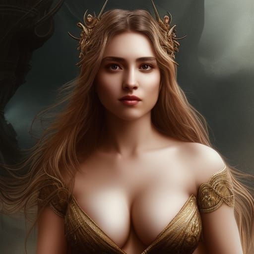 Sensual Goddess with Long Hair: Detailed Oil Painting