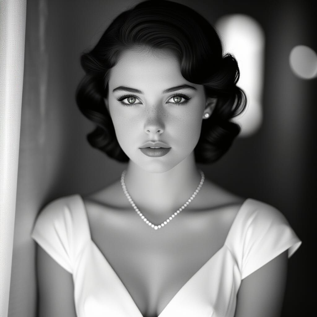 Contemplative Emerald-Eyed Woman in Noir Style