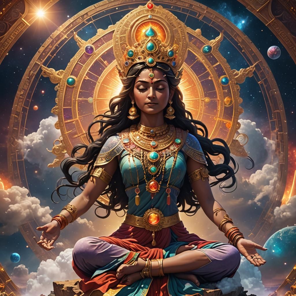 Goddess Vasudhara Meditating in Space, Detailed Digital Art