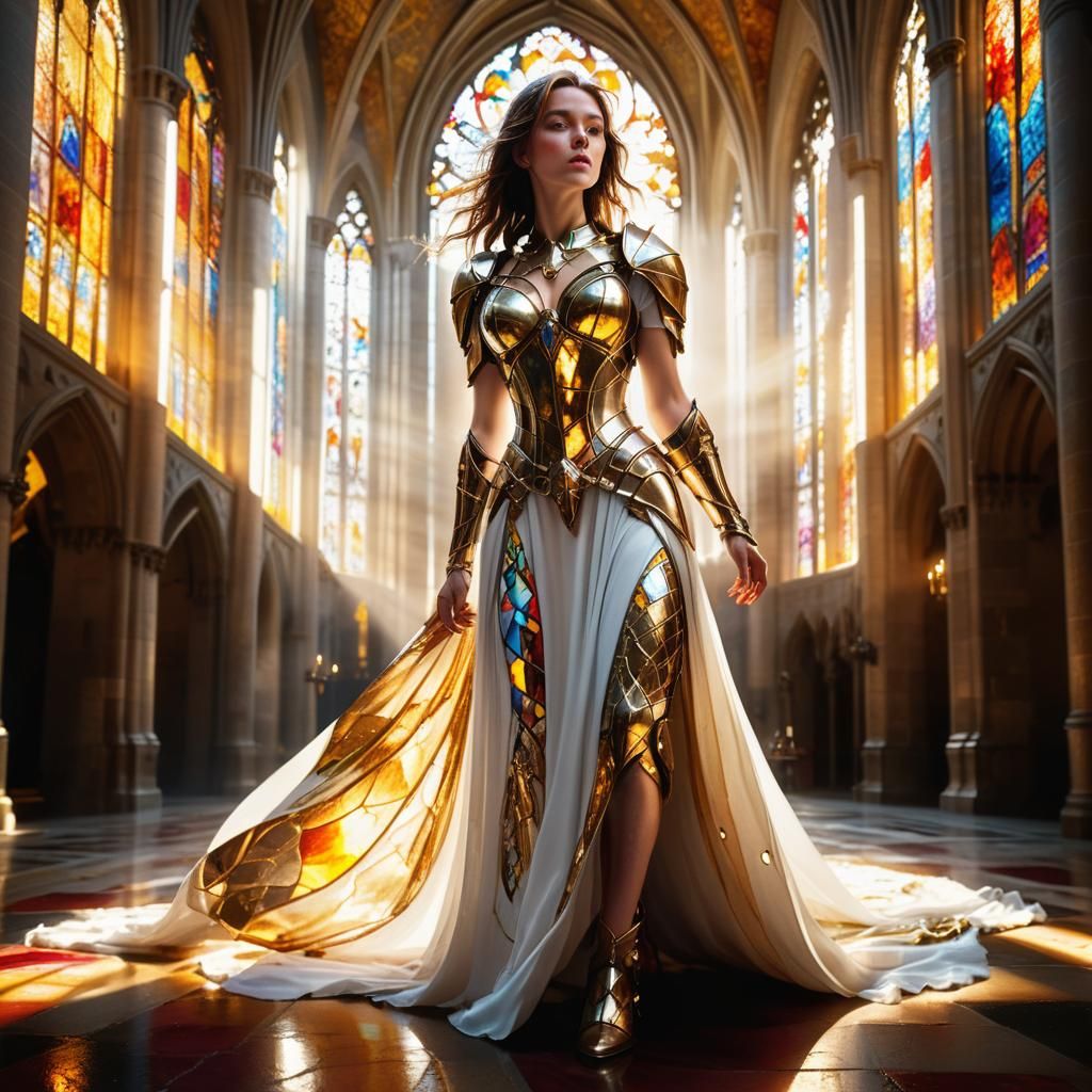 Woman in Golden Armor in Cathedral, Digital Art