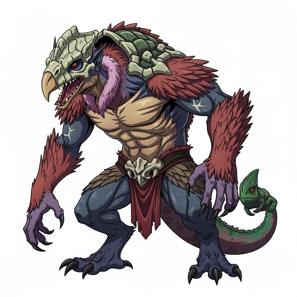 Muscular Reptilian-Avian Warrior in Dynamic Pose