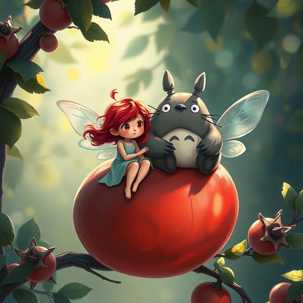 Expressive Fairy and Totoro in Vibrant Summer Landscape