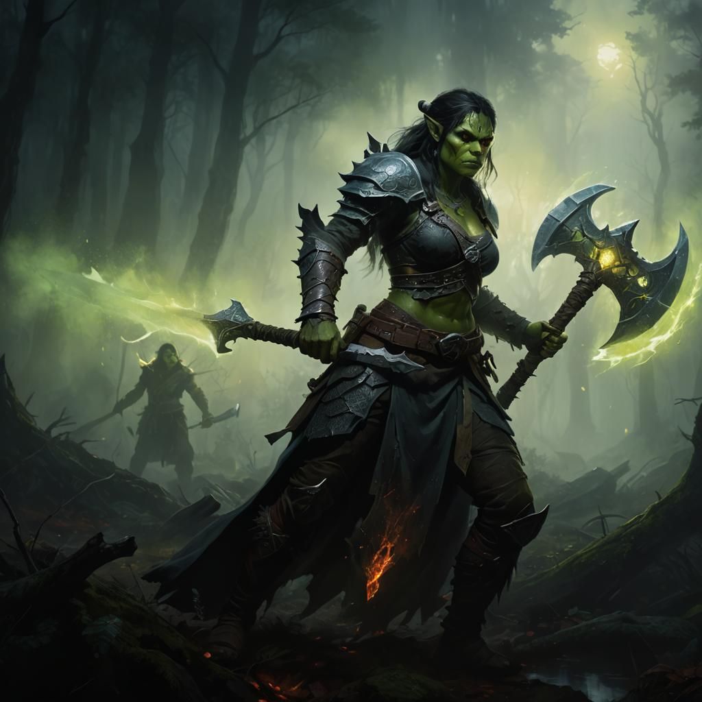 Mystical Forest: Half-Orc Warrior with Glowing Axe
