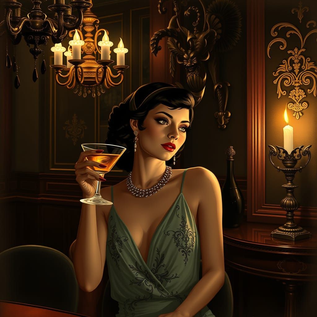 Elegant Flapper in Baroque Chiaroscuro Speakeasy