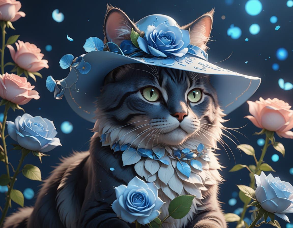 Anime-Style Cat Sits Elegant in Whimsical Garden Scene
