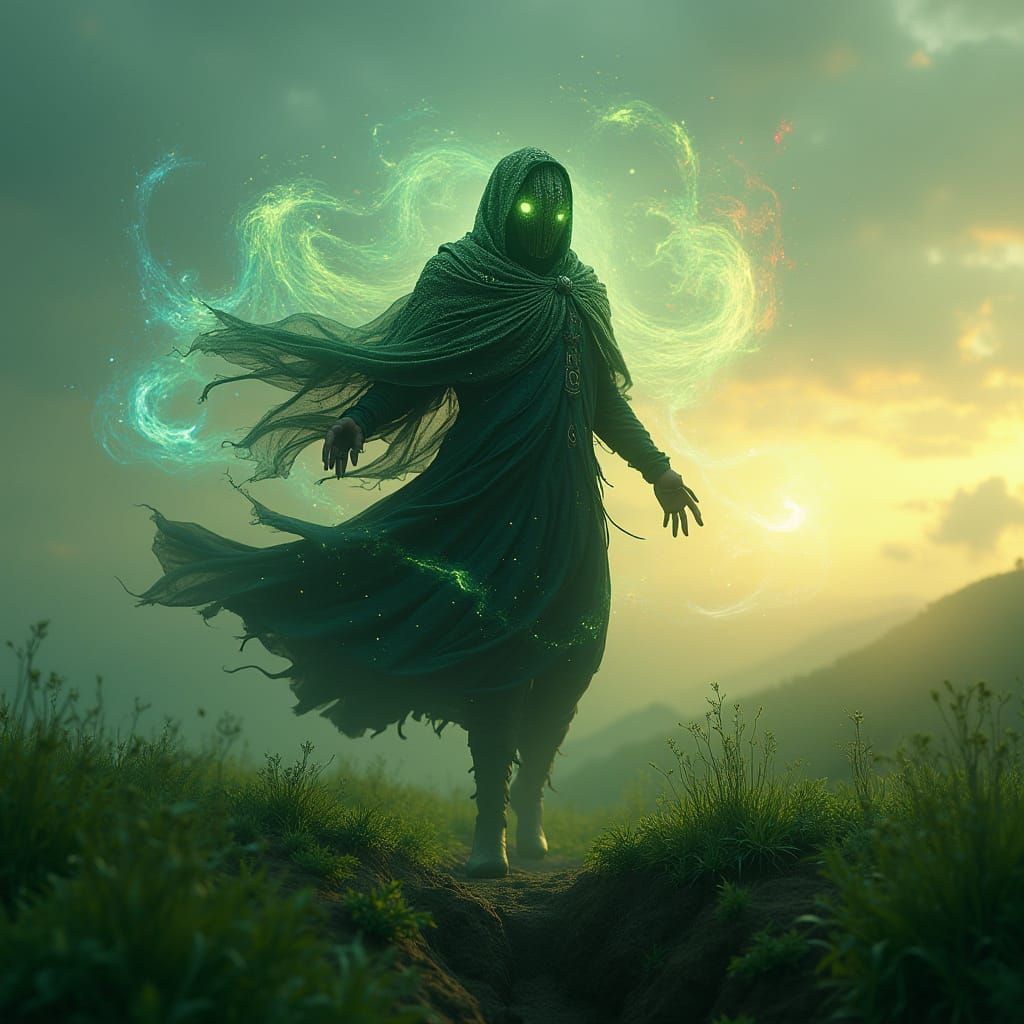 Floating Man in Emerald Field at Dusk