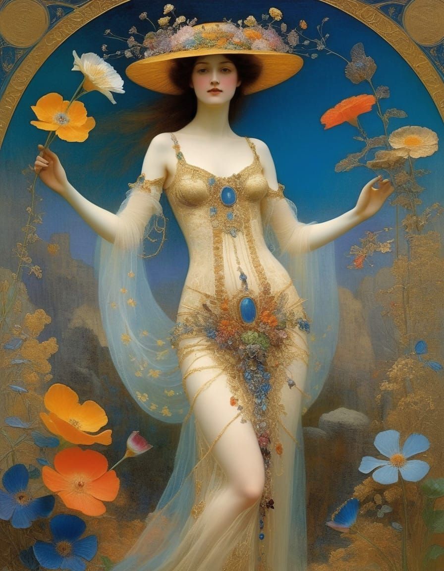 Spring Goddess Perséphone Ascends to Morning Light with Dewy...