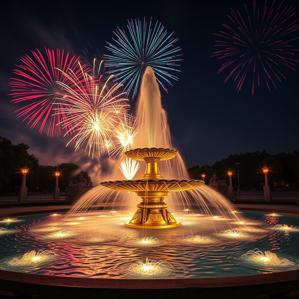 Fireworks Erupting Over Serene Fountain in Hyperrealistic St...