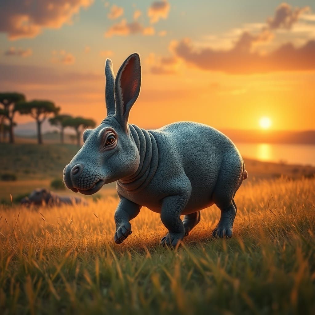 Fantastical Hippo-Rabbit Hybrid in Savannah Sunset