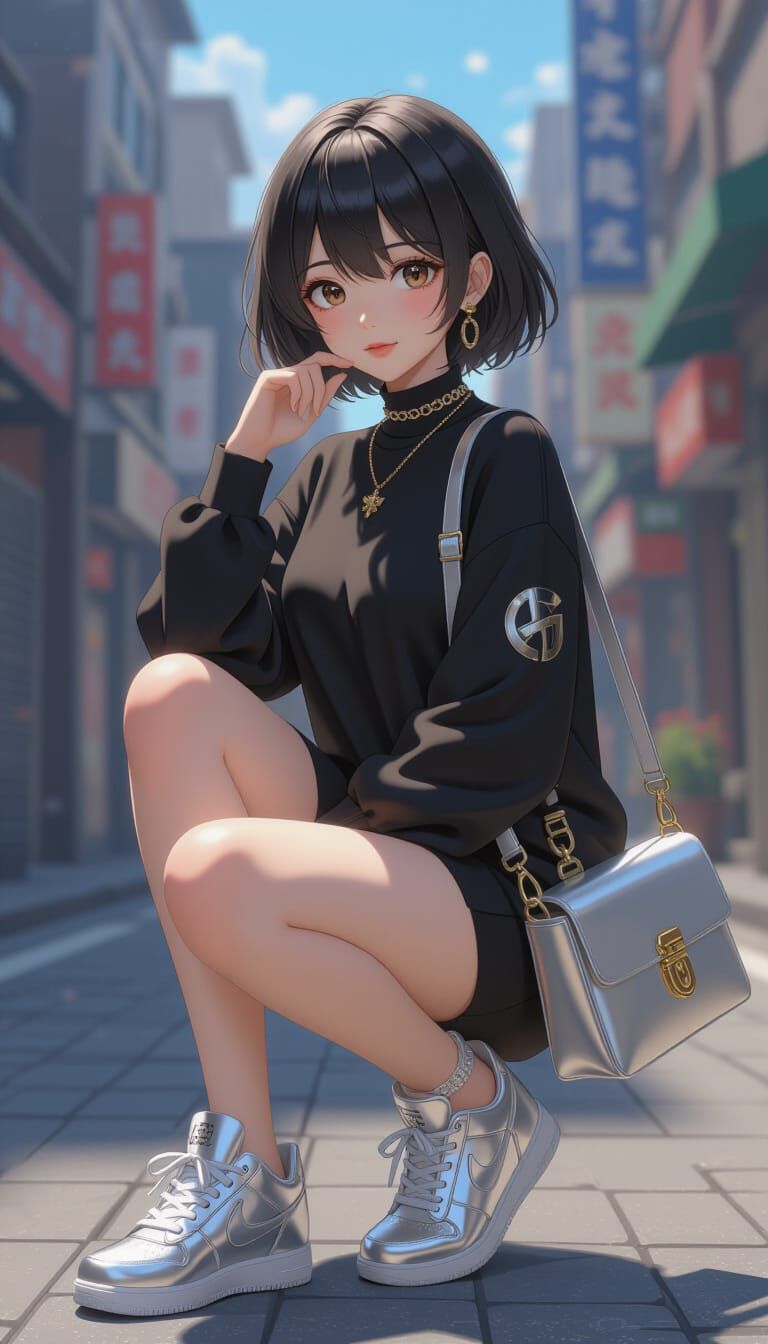 Woman in Silver Sneakers and Bag, Anime Style