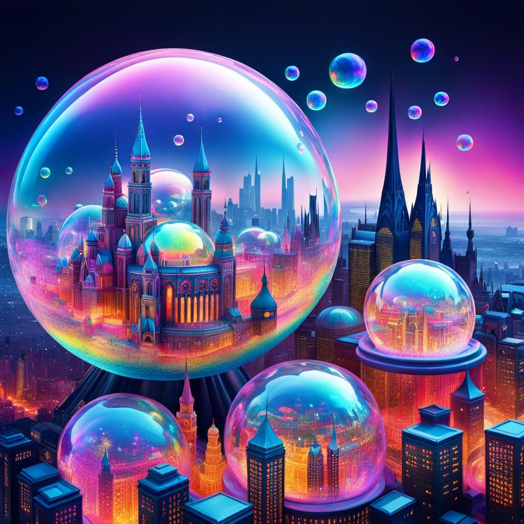 Iridescent Bubble City Digital Illustration