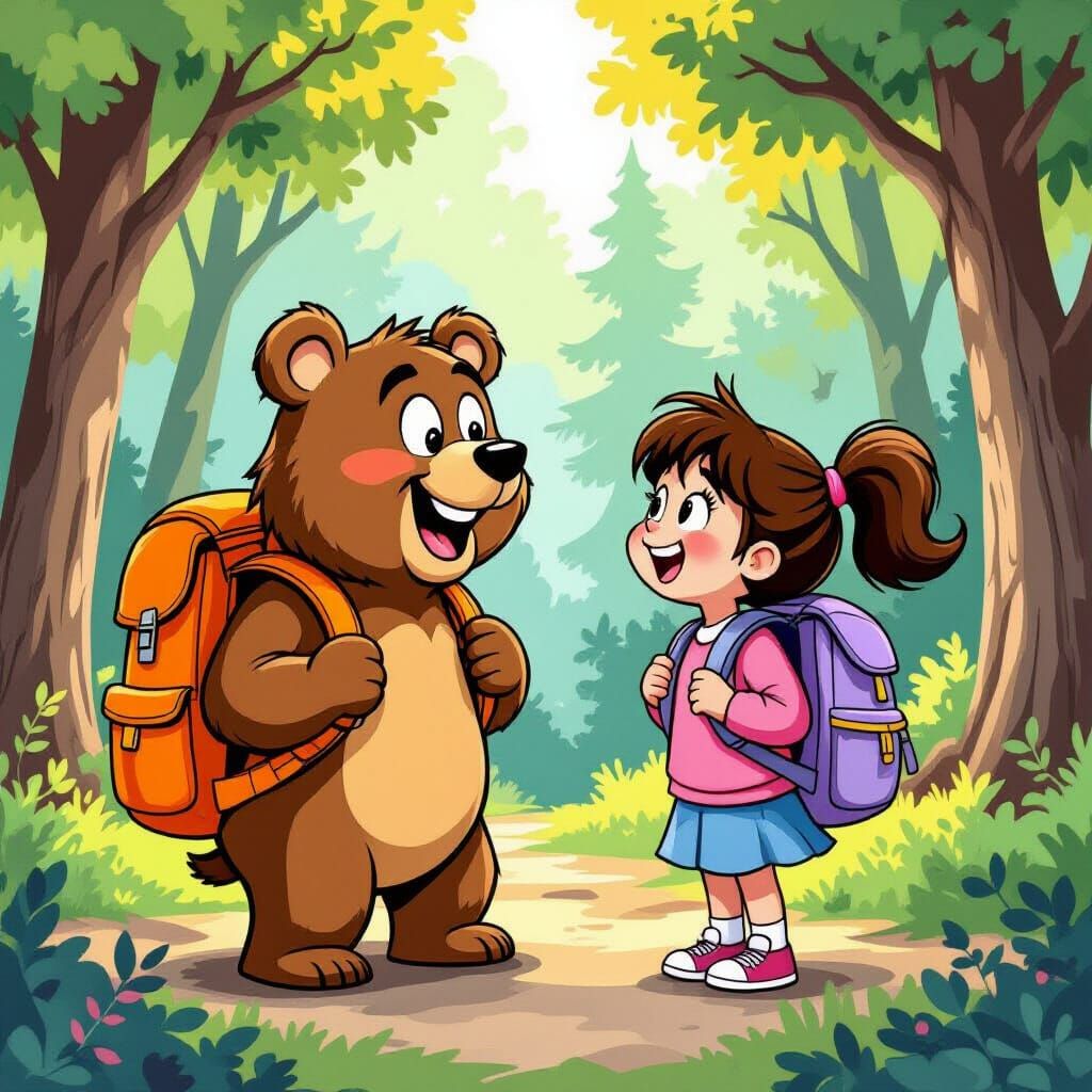 Bear and Girl in Whimsical Cartoon Woods