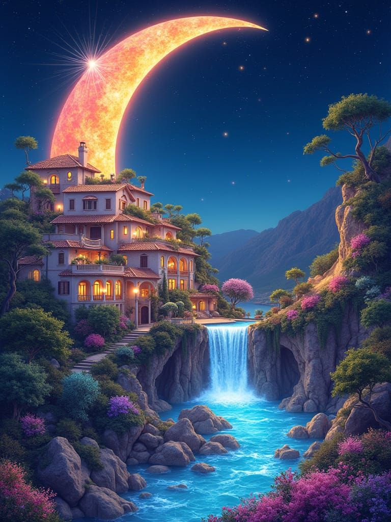 Ethereal Moon Villa Village with Faerie Waterfall